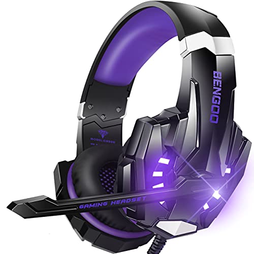 BENGOO G9000 Stereo Gaming Headset for PS4, PC, Xbox One Controller, Noise Cancelling Over Ear Headphones with Mic, LED Light, Bass Surround, Soft Memory Earmuffs (Purple)
