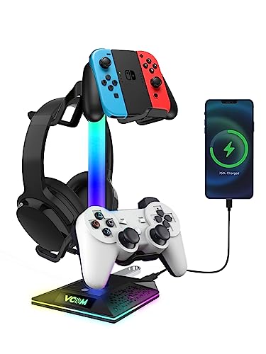 V VCOM RGB Gaming Headphones Stand with 2 USB Ports Headset Stand with 10 Light Modes and Non-Slip Rubber, Suitable for All Earphone Accessories, Best Gift for Husband, Kids, Boyfriend