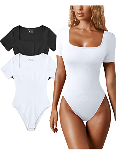 OQQ Women's 2 Piece Bodysuits Sexy Ribbed One Piece Square Neck Short Sleeve Bodysuits Black White