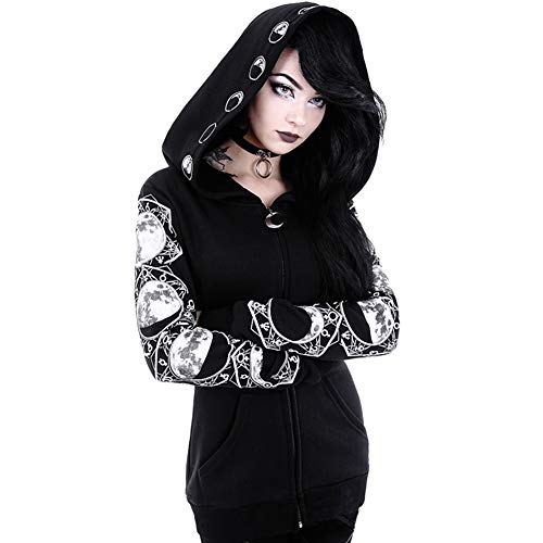 Women Gothic Moon Print Zip Up Hoodies Long Sleeve Punk Hooded Jacket Coat Black