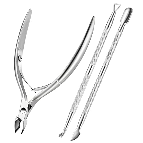 Cuticle Trimmer Cuticle Remover with Cuticle Pusher, XUNXMAS Professional Stainless Steel Durable Pedicure Manicure Tools Cutter Nipper Scissor Clipper for Fingernails and Toenails Dead Skin Silver