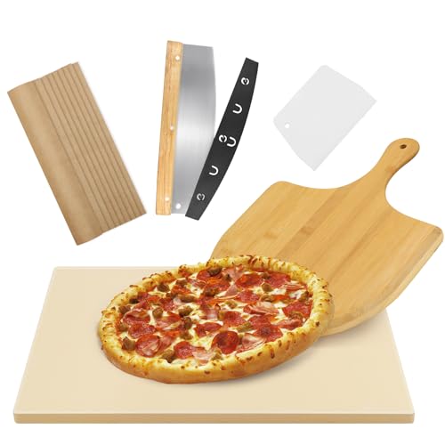AUGOSTA Pizza Stone for Oven and Grill, 5 PCS Rectangle Pizza Stone Set, Durable and Safe Baking Stone 15 x 12 Inch with Pizza Peel, Pizza Cutter, Pizza Scraper & 10pcs Parchment Paper