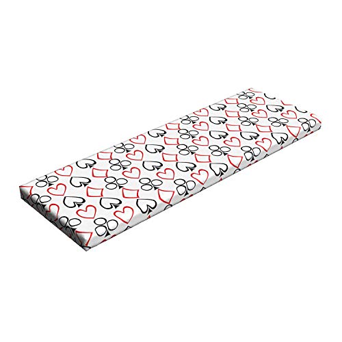 Lunarable Poker Bench Pad, Hand Drawn Doodle Style Card Traditional Gambling Motifs Circles Hearts, Standard Size HR Foam Cushion with Decorative Fabric Cover, 45' x 15' x 2', Red Black White