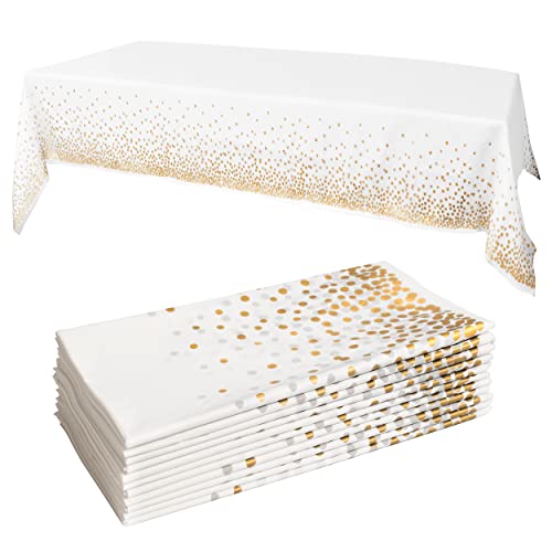 Prestee White/Gold Tablecloths, 12pk, 54'x108' - Gold Dot Tablecloths - White Plastic Tablecloth - White Tablecloths - Plastic Table Cover - Paper Table Cloths for Parties Disposable, Party, Wedding