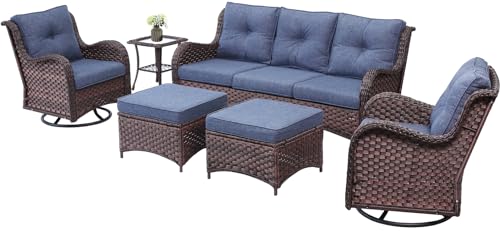 LayinSun 6 Pieces Outdoor Patio Furniture Set, Rattan Wicker Sectional Swivel Rocker Chairs Sets with Ottomans, Swivel Glider Chairs, and Coffee Table