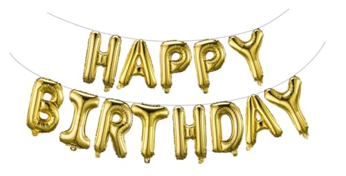 Gold Happy Birthday Balloons Banner 16 Inch Mylar Foil Letters | Inflatable Party Decor and Event Decorations for Kids and Adults | Reusable, Ecofriendly Fun