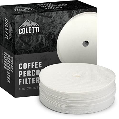 COLETTI Percolator Coffee Filters — Disc Coffee Filters For Percolators – For Bozeman, Butte, & Scoutmaster Camping Coffee Pot – Medical Grade Fiber, Perfectly Tasteless [100 pack, Synthetic, 3.75”]