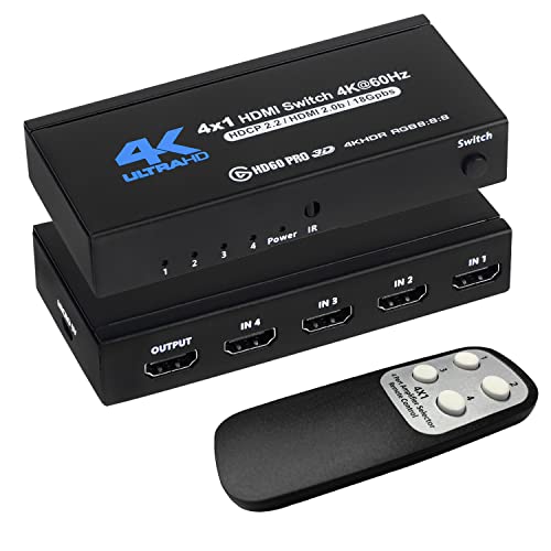 4K HDMI Switch 4x1, 4K@60Hz 4 in 1 Out HDMI Switcher Selector with IR Remote Control, Supports HDCP 2.2 4K@60Hz UltraHD HDR10 3D HD1080P Dolby DST, HDMI Splitter for PS4 Xbox Apple TV Fire Stick