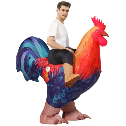 COMIN Inflatable Chicken Costume Ride-on Rooster Costume Adult Blow up Suit Funny Fancy Dress Cosplay Cock Halloween Costume for Men Women (63'')