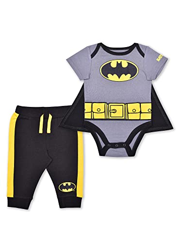 Warner Bros Superheroes Baby’s Romper with Jog Pants, Batman Bodysuit Set, Grey, Size NB