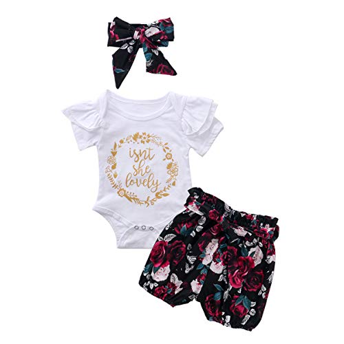 Newborn Baby Girls Summer Outfit Short Fly Sleeve Letter Romper+Floral Shorts+Bow Headband 3Pcs Set Bodysuit Clothes (White, 3-6 Months)