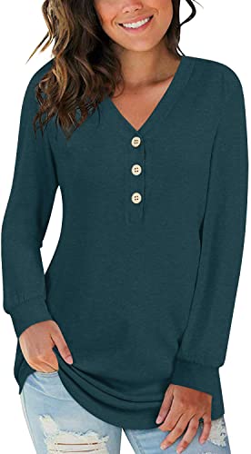 BISHUIGE Womens Button Up T-Shirts Long Sleeve Henley Tunic Tops V-Neck Casual Sweatshirt, 3XL, Grey Blue