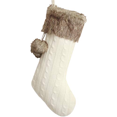 Gireshome Ivory Cable Knitted Body, Faux Fur Cuff with Faux Fur Fluffy Pompom Ball Christmas Stocking, Xmas Tree Decoration Festival Party Ornament - 10'x18'