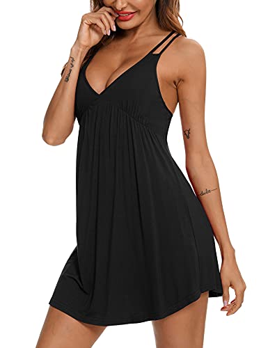Samring Lingerie Sexy Womens Chemise Nightgown Full Slip Babydoll Lounge Dress V Neck Nighties Black S