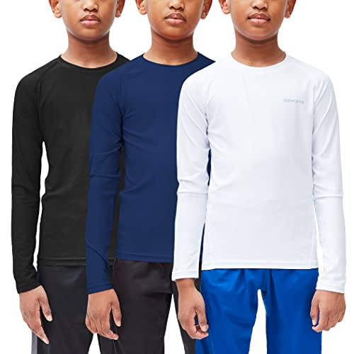 DEVOPS Youth Boys 3-Pack Compression Athletic Performance Baselayer Long Sleeve Shirts (Large, Black/White/Navy)