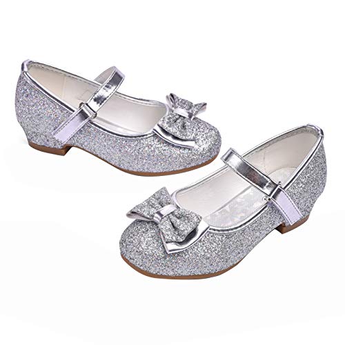 Stelle Girls Dress Shoes Toddler Flower Girl Shoes Glitter Princess Shoe Mary Jane Low Heels for Party Wedding Footwear(T08-Silver, 9MT)