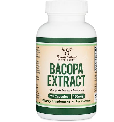 Bacopa Monnieri Capsules 20% Bacosides 450mg, 90 Count (Manufactured in USA, Non-GMO, Gluten Free) Brahmi Extract (Memory Supplement for Brain Health, Focus, and Cognitive Function) by Double Wood