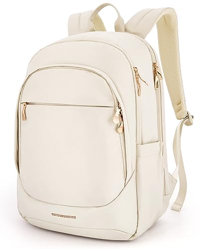 LIGHT FLIGHT Travel Laptop Backpack for Women, 15.6 Inch Anti Theft Backpack with USB Charging Hole, Water Resistant College Bookbag, Large Capacity Black Computer Backpacks for Work, Beige