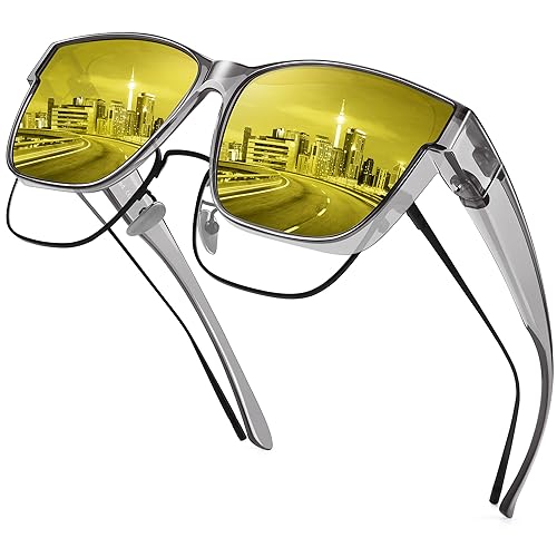 URUMQI Night Vision Glasses Fit Over Glasses for Men Women, Anti Glare Polarized Nighttime Driving Glasses Yellow Lens