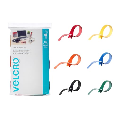 VELCRO Brand ONE-WRAP Cable Ties | 60Pk | 8 x 1/2' Straps, Multicolor | Strong Reusable Wire Management | Cord Bundling for Home Office and Data Centers