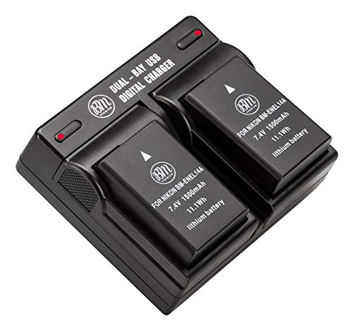 BM Premium 2 Pack of EN-EL14A Batteries and Dual Bay Battery Charger for Nikon D3100, D3200, D3300, D3400, D3500, D5100, D5200, D5300, D5500, D5600, DF Coolpix P7000, P7100, P7700, P7800 Cameras