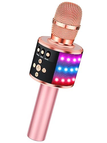 BONAOK Bluetooth Wireless Karaoke Microphone with LED Lights,4-in-1 Portable Handheld Mic with Speaker Karaoke Player for Singing Home Party Toys Birthday Gift for Kids Adults Girls Q78(Rose Gold)