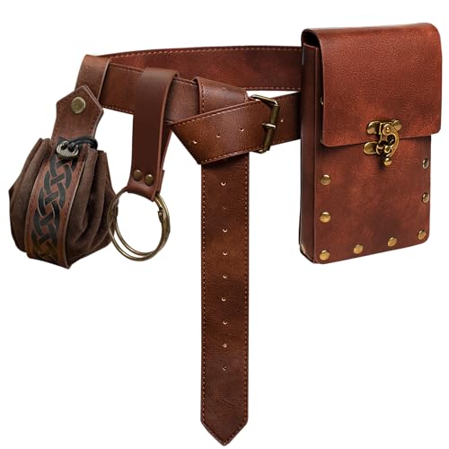 Belt Pouch Waist Bag Fanny Pack Steampunk Phone Holder Medieval Bag Leather Belt Renaissance Cosplay Costume Accessories (2Pouch-Brown)