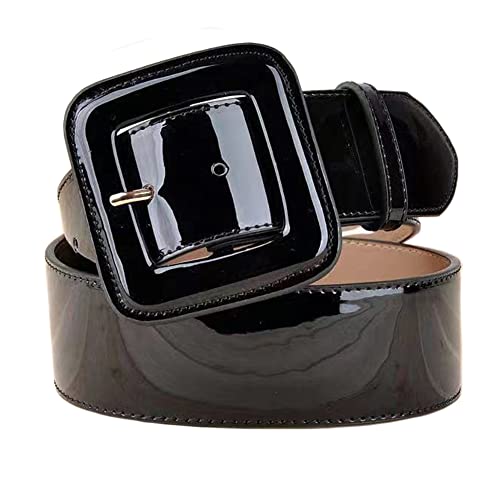 ANNULOYA Wide Patent Leather Belt for Women with Sequin Square Buckle Grommet Cinch Black Patent Belt Women