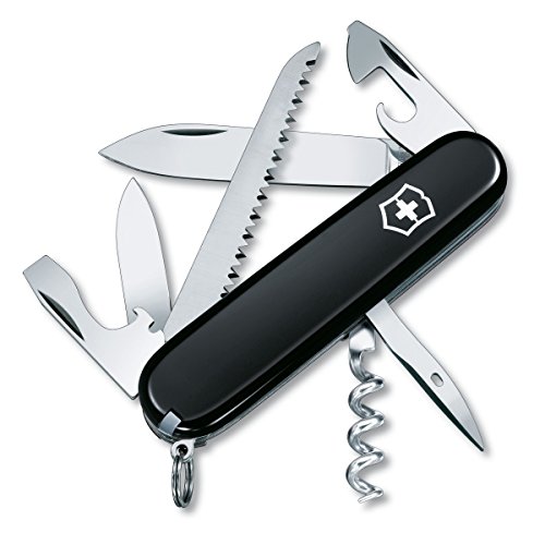 Victorinox Camper Swiss Army Knife, 13 Function Swiss Made Pocket Knife with Large Blade, Screwdriver, Tweezers and Key Ring - Black