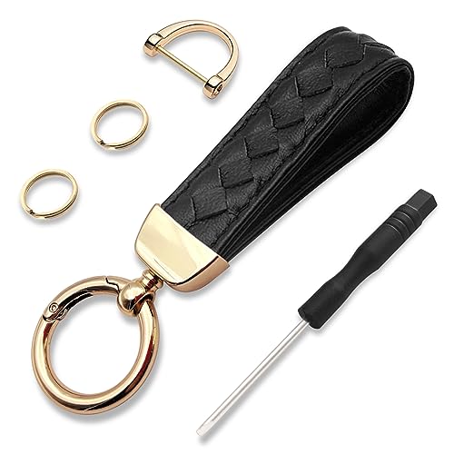 NTNEV Genuine Leather Car Keychain, Universal Car Key FOB Keychain, handmade knitted car key chain, 360 Degree Rotating with Anti-Lost D-Ring, 2 Key Rings and 1 Screwdriver, Unisex-Black
