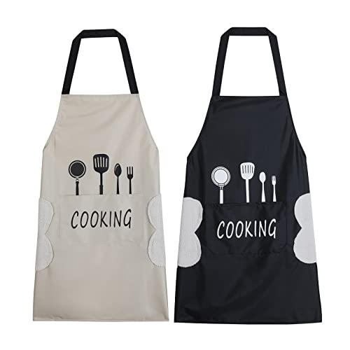 Agirlvct 2 Pack Kitchen Apron with Hand Wipe,Water-drop Resistant with Pockets Cooking Dish Washing Bib Aprons Birthday Valentine's Day Gift for Mother Women Men Chef Home Coffee Restaurant