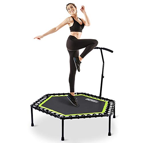 ONETWOFIT 48' Silent Mini Trampoline with Adjustable Handle Bar Fitness Trampoline Bungee Rebounder Jumping Cardio Trainer Workout (Green)