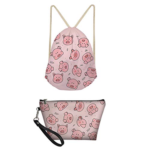 chaqlin Pink Pig Drawstring Backpack for Women Beach Shopping Kids Children String Sack Gymbag for Outdoor Sport Fashion Cosmetic Organizer Purse Ladies Portable Makeup Bag 2pcs