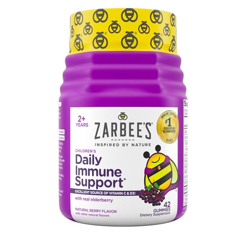 Zarbee's Elderberry Gummies for Kids with Vitamin C; Zinc & Elderberry; Daily Childrens Immune Support Vitamins Gummy Children Ages 2 and Up; Natural Berry Flavor; 42 Count