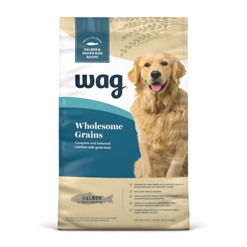 Amazon Brand – Wag Dry Dog Food, Salmon and Brown Rice, 30 lb Bag (Pack of 1)