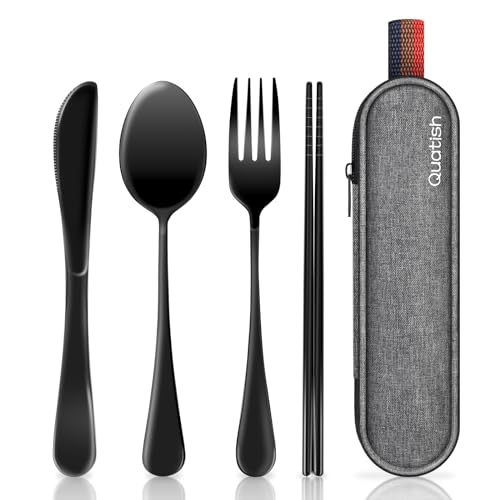 Travel Utensils with Case, Quatish Portable Silverware Set for Work, 304 Stainless Steel Reusable Travel Cutlery Set, Fork and Spoon Set for Camping, Picnic, Gadgets, Lunch Box for Men, Black