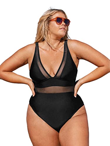 CUPSHE Women Plus Size One Piece Swimsuit V Neck Mesh Sheer Tummy Control Bathing Suit with Adjustable Wide Strap, 2X Black
