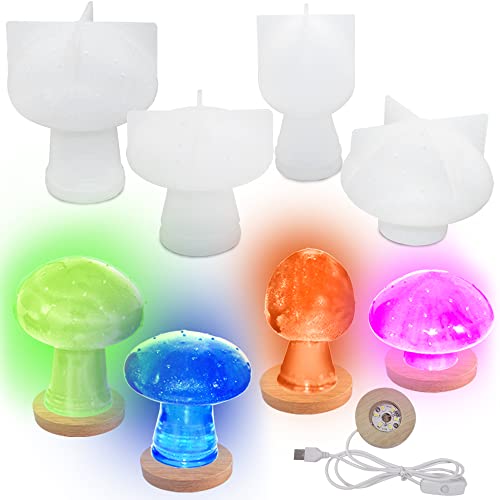 4 Pcs Mushroom Resin Molds, AFUNTA Resin Molds Silicone Cute Mushroom Epoxy Resin Silicone Molds for DIY Craft Home Decoration with LED Light Display Base