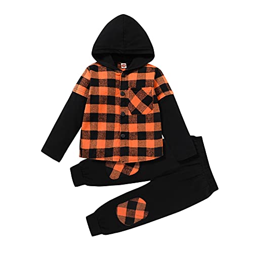 CBHAIBLYD Toddler Boy Clothes Hoodie Sweatsuit Outfits Little Kids Fall Winter Classical Plaid Shirt + Pants Set (Orange, 2-3T)