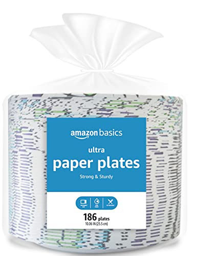 Amazon Basics Ultra Paper Plates, 10.06 Inch, Disposable, 372 Count (2 pack of 186), (Previously Encore)