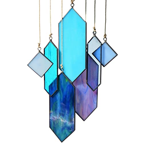 Stained Glass Window Hanging Suncatchers Blue Wall Art - Element Earth Tones Modern Design Home Decor Or Garden Decoration