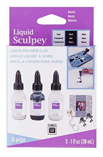 Polyform Liquid Sculpey Liquid Polymer Oven-Bake Clay, Classic Sampler Pack, Three 1 oz. bottles included, White, Black and Clear colors, Great for jewelry, holiday, DIY