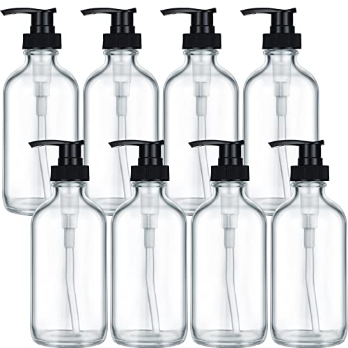 8 Pack Glass Pump Bottles with Black Lotion Pumps, 8 oz Refillable Pump Bottles Dispenser Thick Glass Lotion Soap Shampoo Containers Multipurpose for Cosmetic Kitchen Bathroom (Clear)