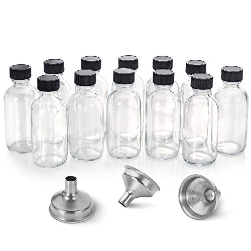 12 Pack, 2 oz Small Clear Glass Bottles with Lids & 3 Stainless Steel Funnels - 60ml Boston Sample Mini Travel Essential Bottles for Potion, Juice, Wellness, Ginger Shots, Whiskey, Liquids