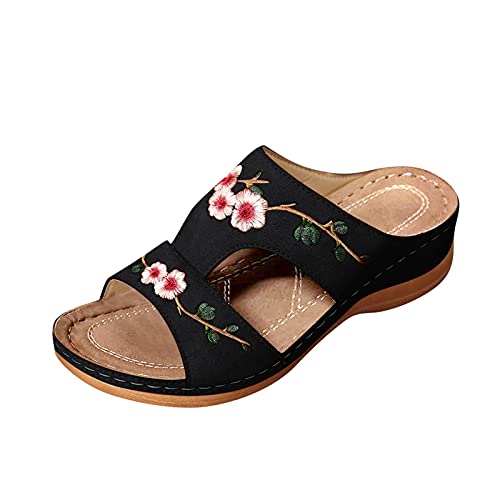 Shengsospp Summer Platform Comfortable Heel Sandals Casual Low Wedges Walking Strappy Slip on Sandal With Flower Embroidery Shoe Black, 9
