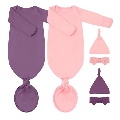 COOZYNANA 2Pack Newborn Baby Knotted Gown, Super Soft Modal Infant Long Sleeve Sleeper with Hat and Headband Set, Unisex Infant Sleep Onesie (Purple&Pink)