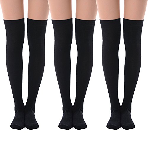 MEIKAN Black Over the Knee High Socks for Women, Thigh High Socks Stockings Cosplay Cotton Womens Long Knee Casual Socks 3 Pairs (Black)
