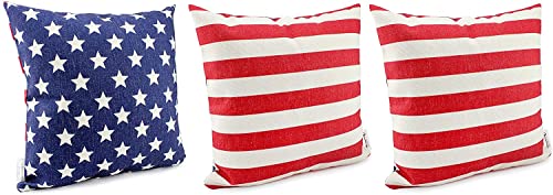 AuldHome American Flag Pillow Covers (Set of 3, 16 x 16 Inch); Vintage Rustic Farmhouse Style Throw Pillow Cases