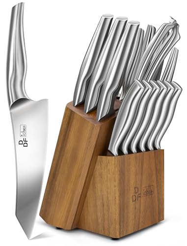 Kitchen Knife Set with Block, DDF iohEF 16 PCS Knife Set for Kitchen with Block Japanese Stainless Steel, Ultra Sharp Chef Knife Set with Sharpener