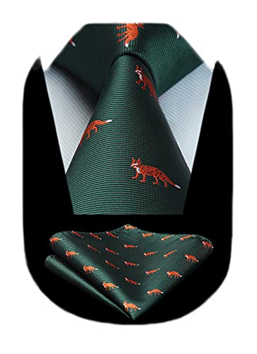 HISDERN Green Ties for Men Classic Silk Ties and Pocket Square Set Animal Jacquard Woven Neckties Handkerchief Christmas Party Mens Ties